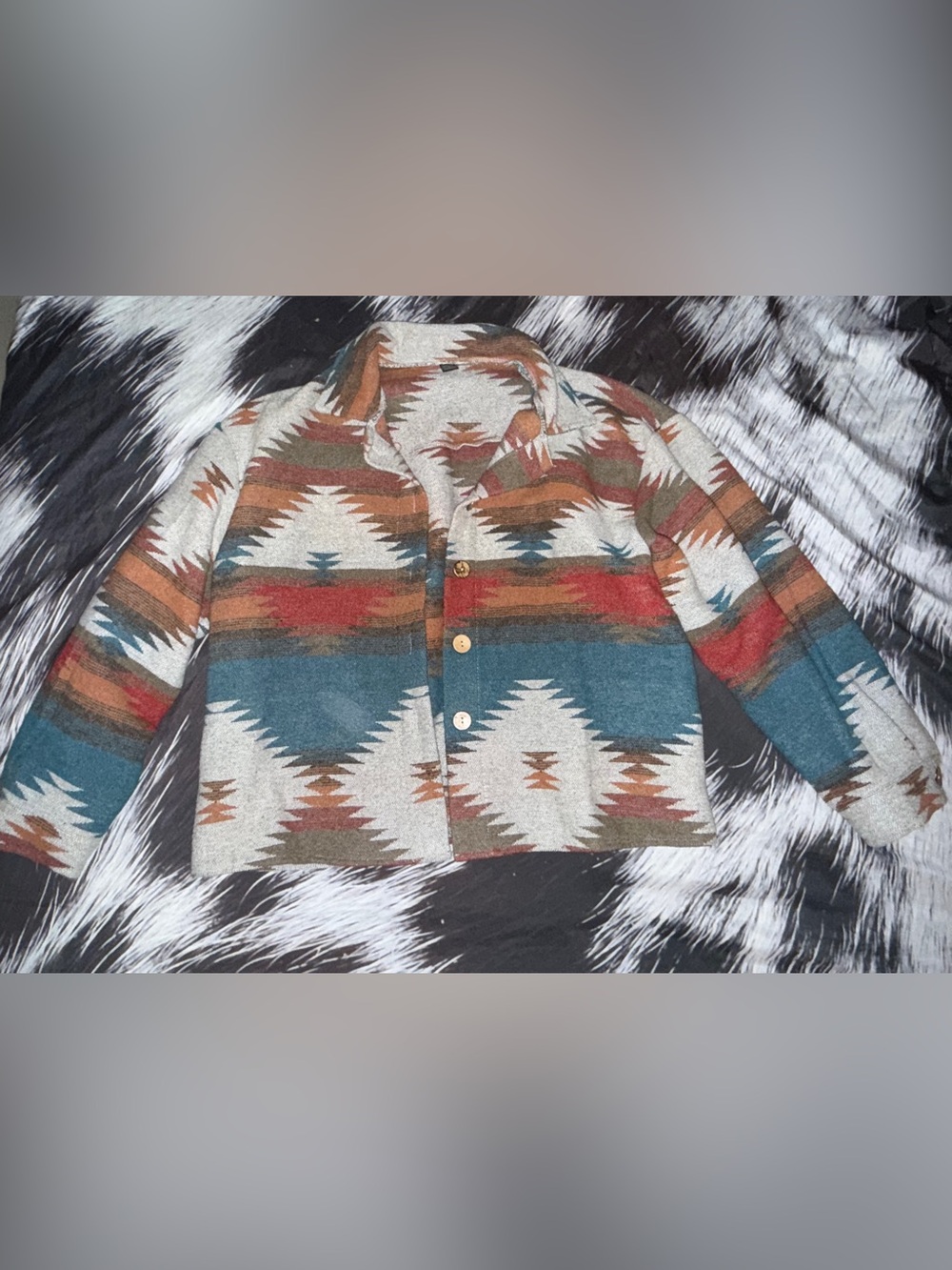 Aztec Pattern Button Up Jacket - Teal, Rust & Cream